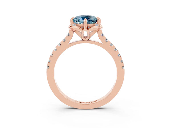 Rose gold Cushion Cut Aquamarine Ring with Pavé Band and Floral Prong Setting