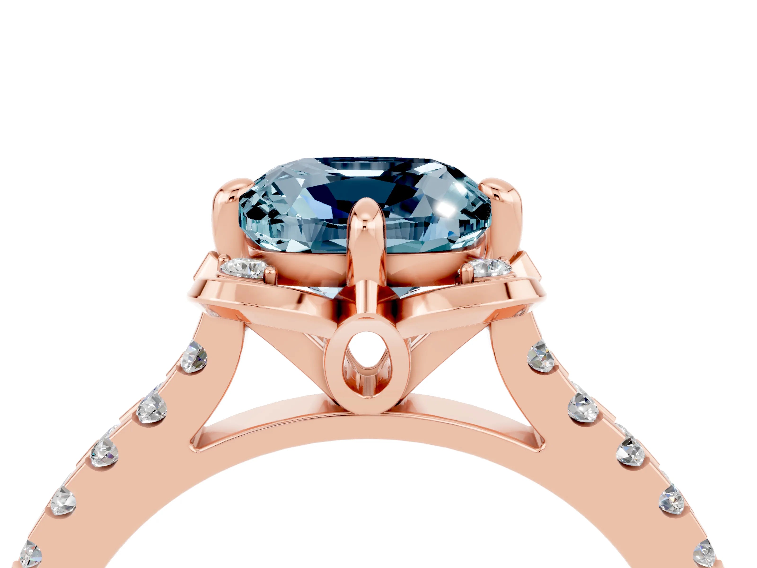 Rose gold Cushion Cut Aquamarine Ring with Pavé Band and Floral Prong Setting_4