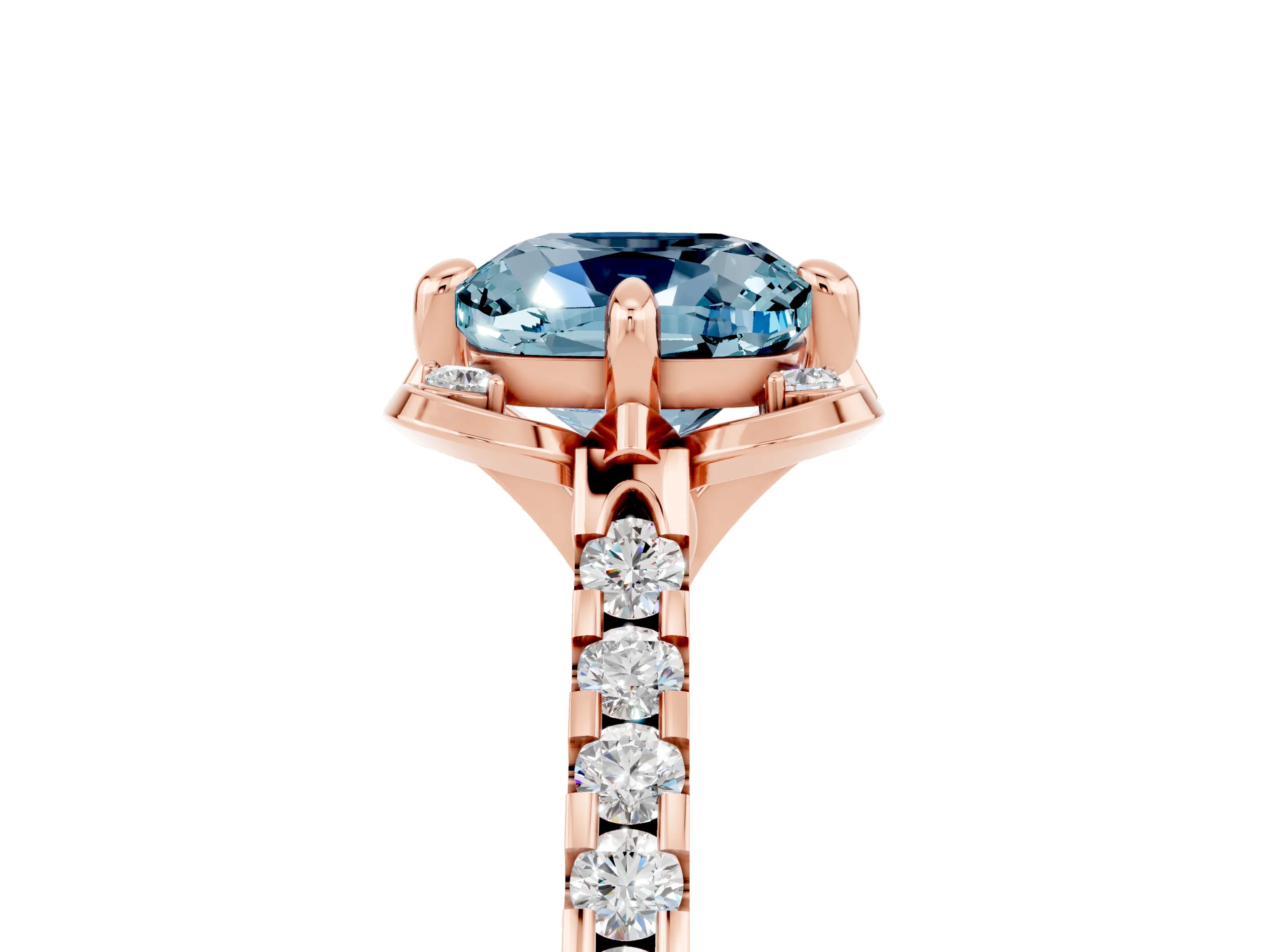 Rose gold Cushion Cut Aquamarine Ring with Pavé Band and Floral Prong Setting_5