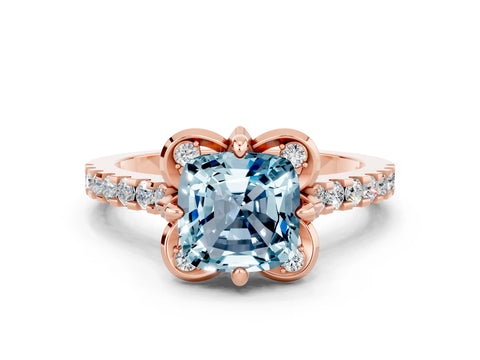 Rose gold Cushion Cut Aquamarine Ring with Pavé Band and Floral Prong Setting