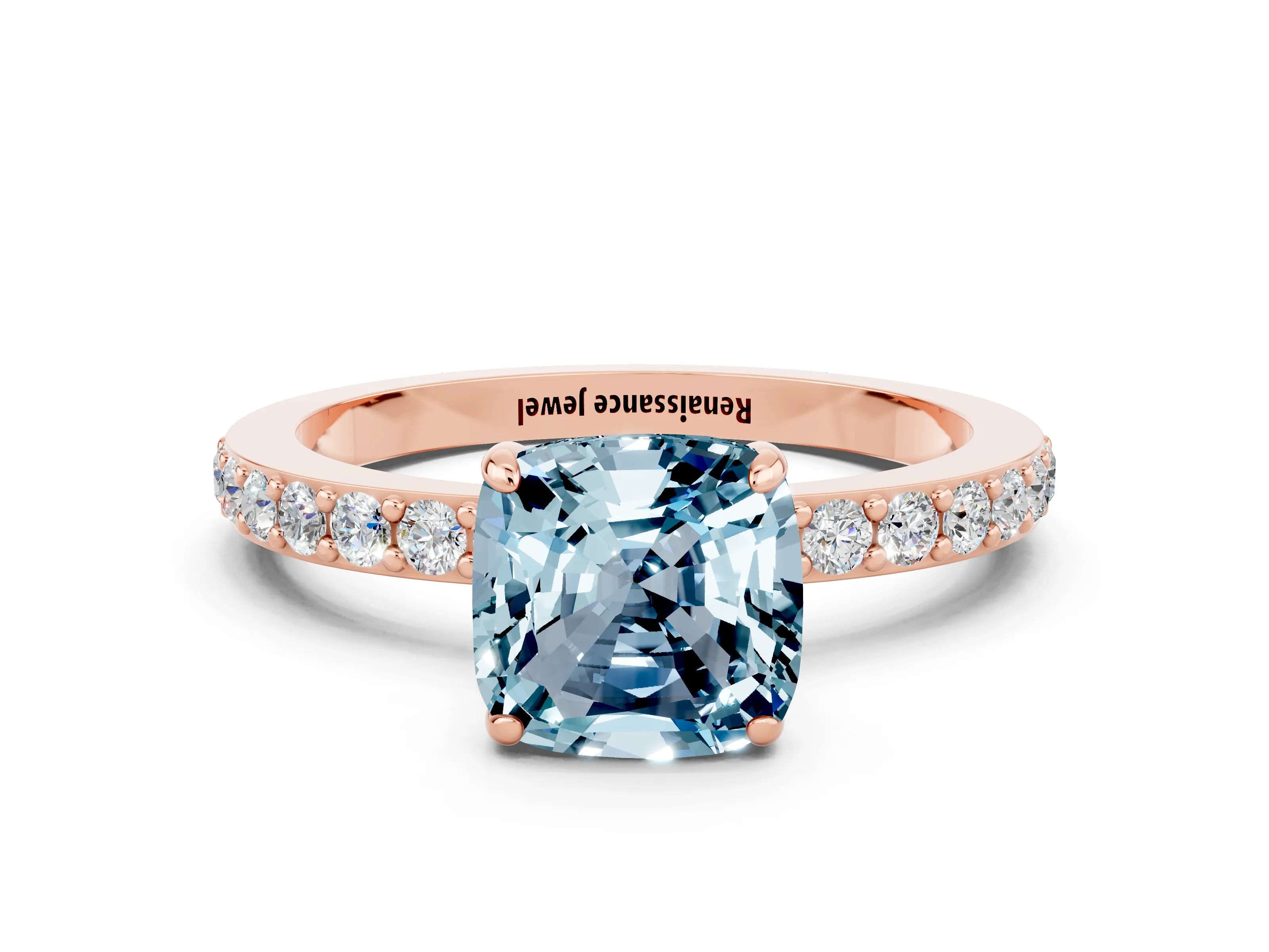 Rose gold Cushion Cut Aquamarine Ring with Pavé Band and Four-Prong Setting