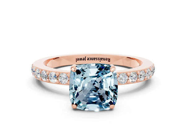 Rose gold Cushion Cut Aquamarine Pavé Engagement Ring with Round  Accents and Prong Setting