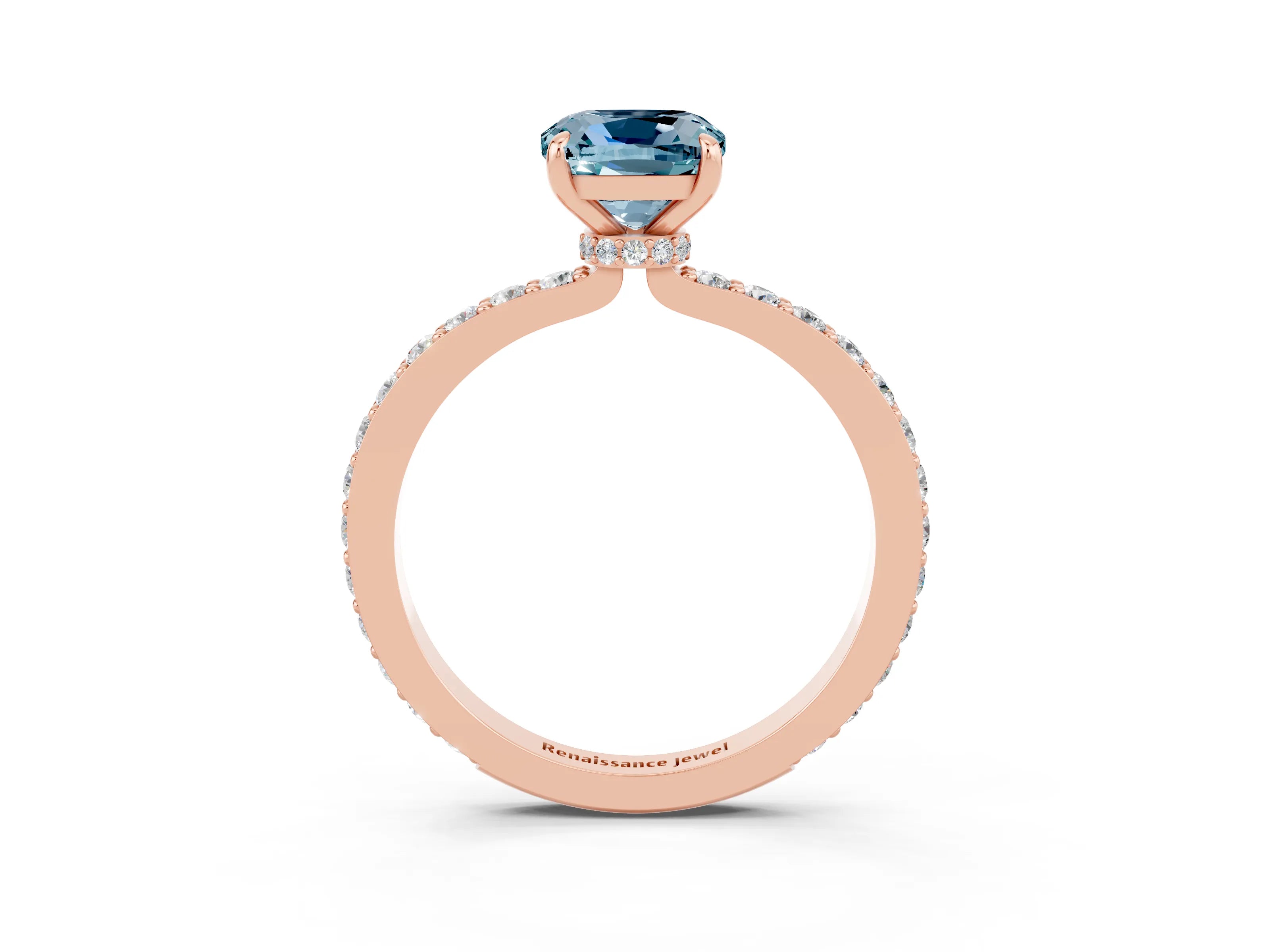 Rose gold Cushion Cut Aquamarine Ring with Pavé Band and Four-Prong Setting_3