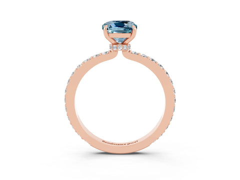 Rose gold Cushion Cut Aquamarine Ring with Pavé Band and Four-Prong Setting_3