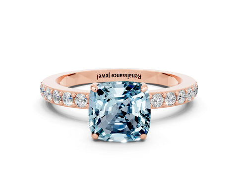 Rose gold Cushion Cut Aquamarine Ring with Pavé Band and Four-Prong Setting