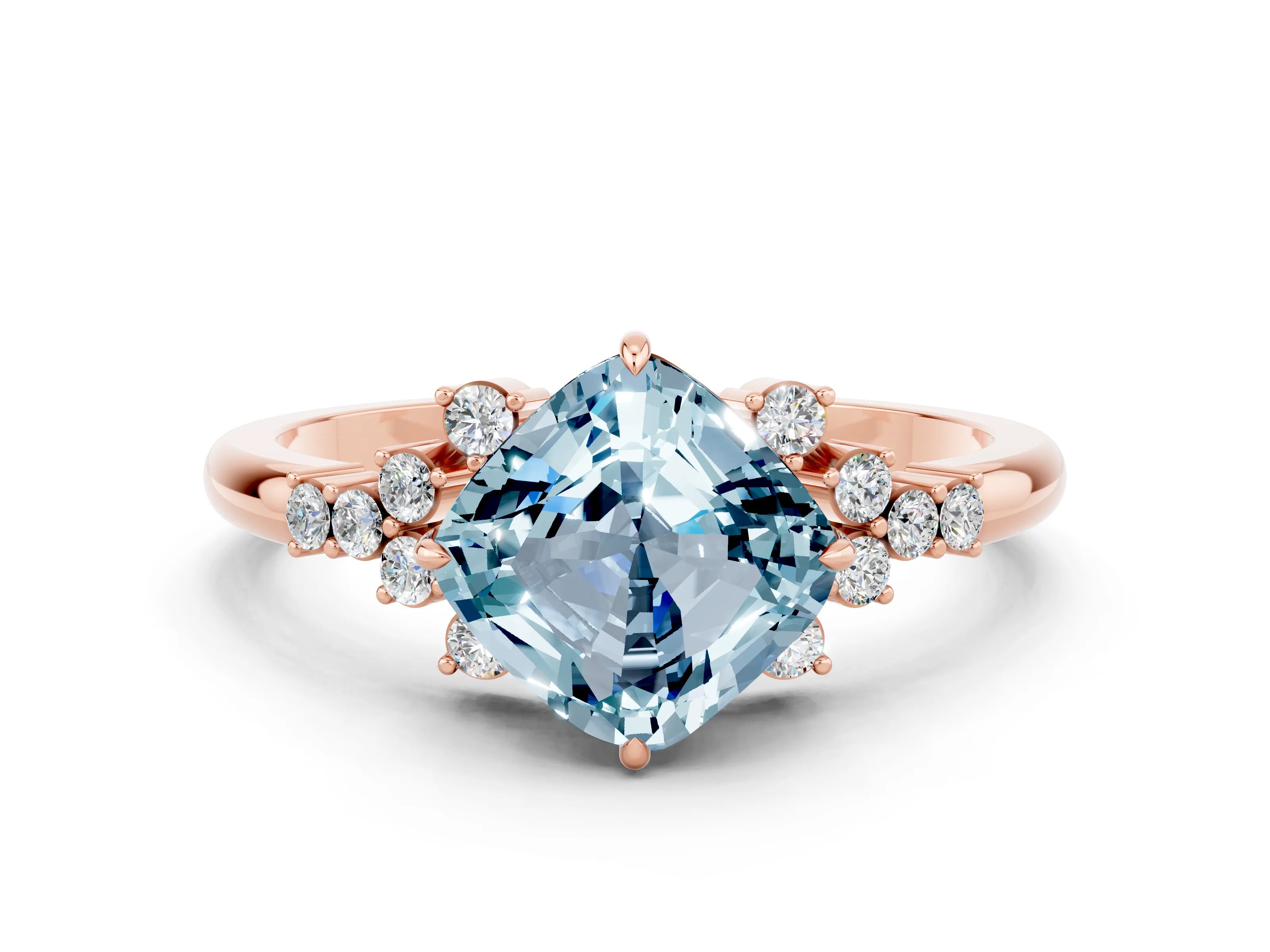 Rose gold Cushion Cut Aquamarine Ring with Side Stones and Four-Prong Setting_36