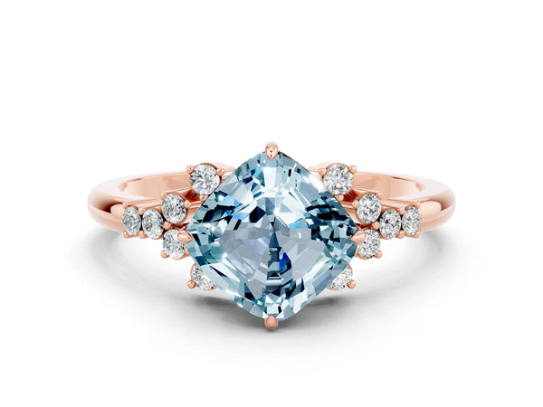 Rose gold Cushion Cut Aquamarine Ring with Side Stones and Four-Prong Setting