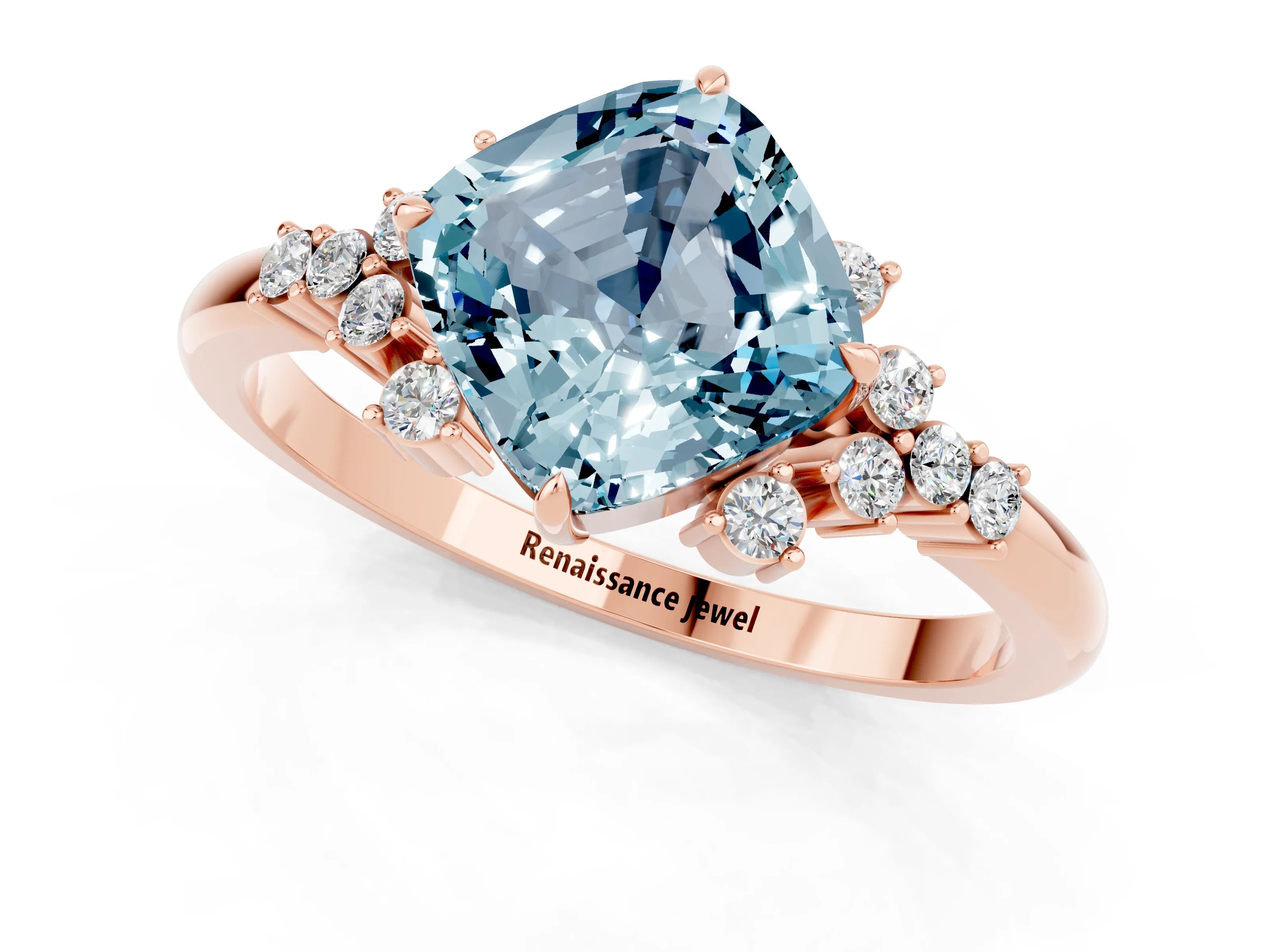 Rose gold Cushion Cut Aquamarine Ring with Side Stones and Four-Prong Setting_37
