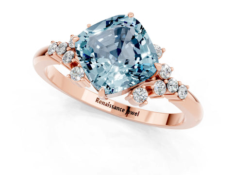 Rose gold Cushion Cut Aquamarine Ring with Side Stones and Four-Prong Setting_37
