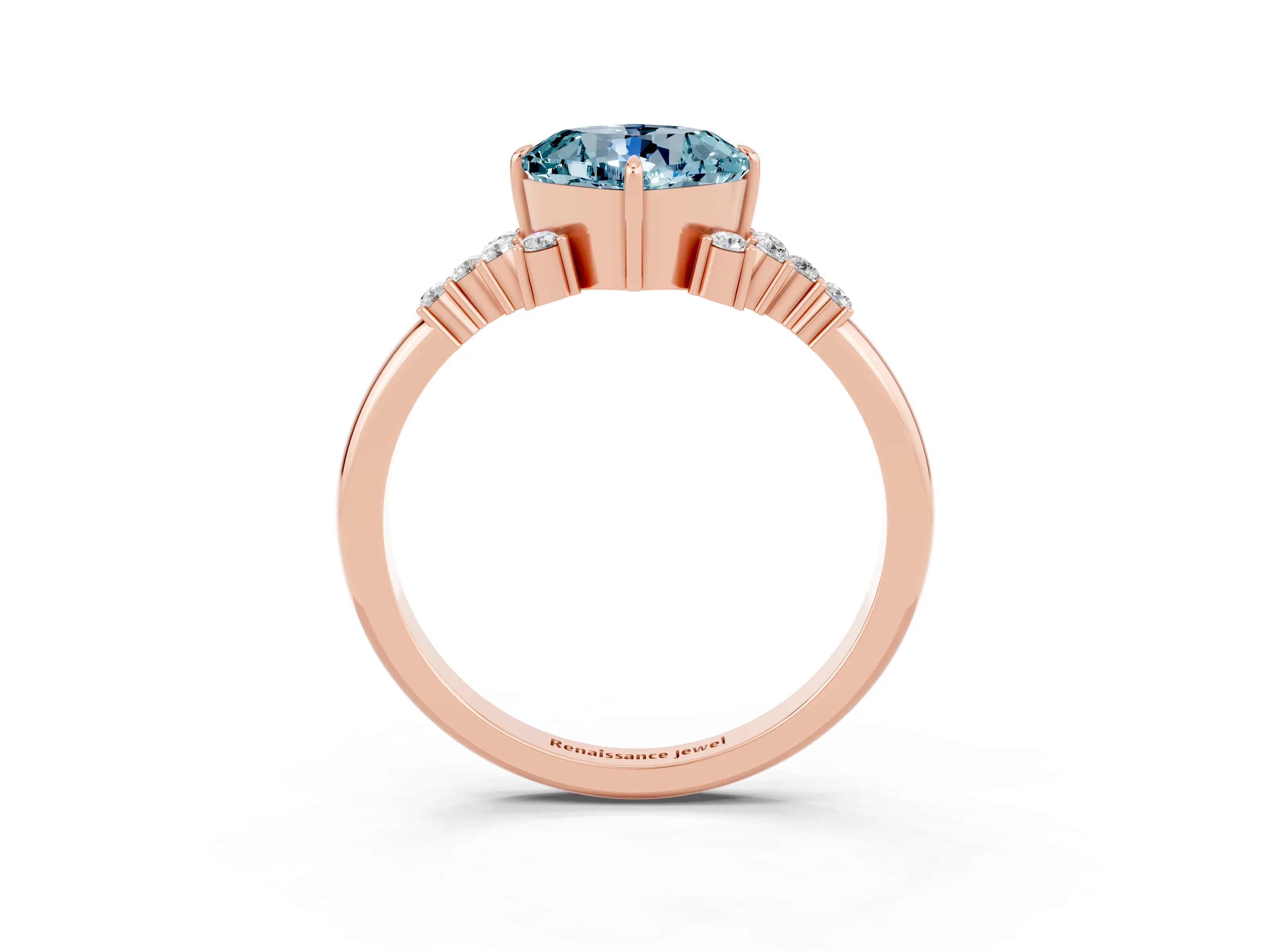 Rose gold Cushion Cut Aquamarine Ring with Side Stones and Four-Prong Setting_39
