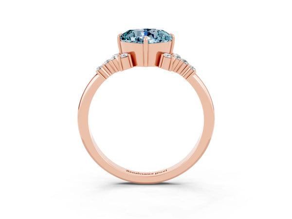 Rose gold Cushion Cut Aquamarine Ring with Side Stones and Four-Prong Setting