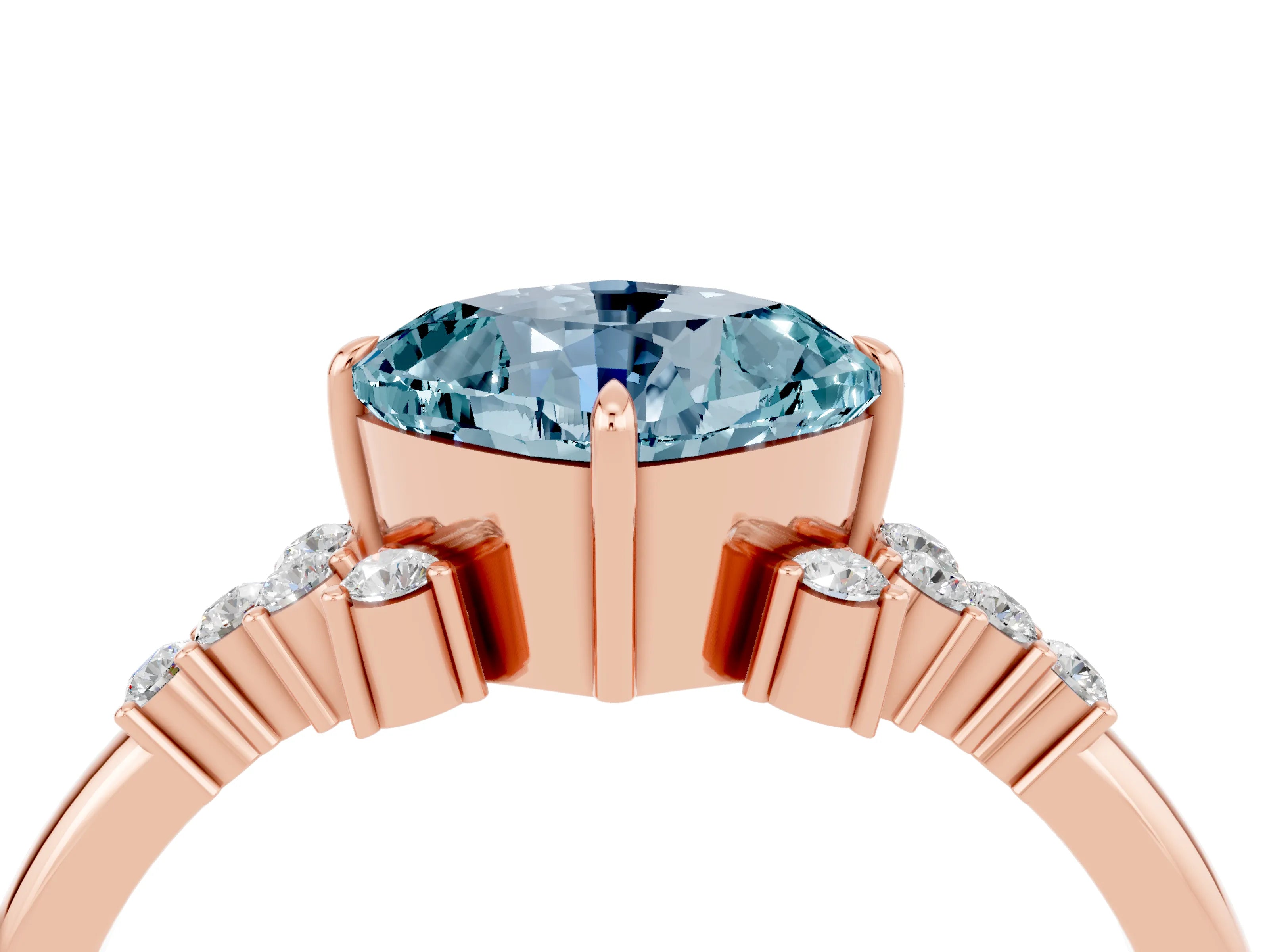 Rose gold Cushion Cut Aquamarine Ring with Side Stones and Four-Prong Setting_40