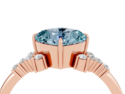 Rose gold Cushion Cut Aquamarine Ring with Side Stones and Four-Prong Setting_40
