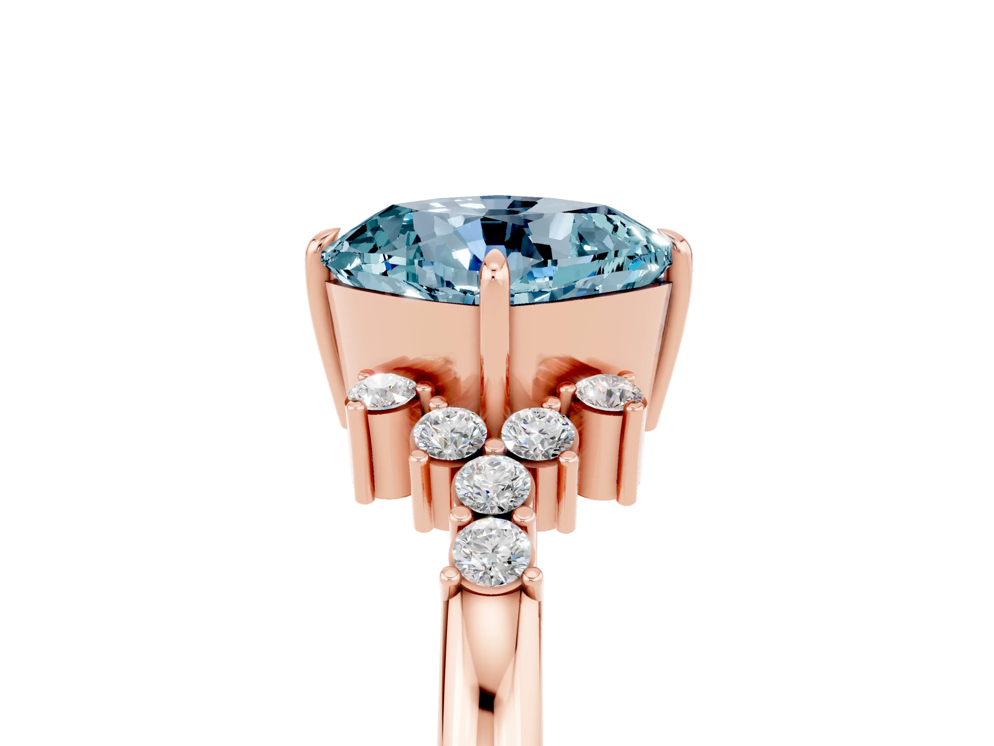 Rose gold Cushion Cut Aquamarine Ring with Side Stones and Four-Prong Setting_41