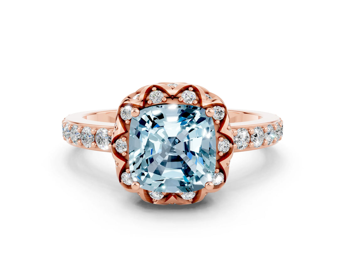 Rose gold Cushion Cut Aquamarine Scalloped Halo Engagement Ring with Round Shared Prong Band_24