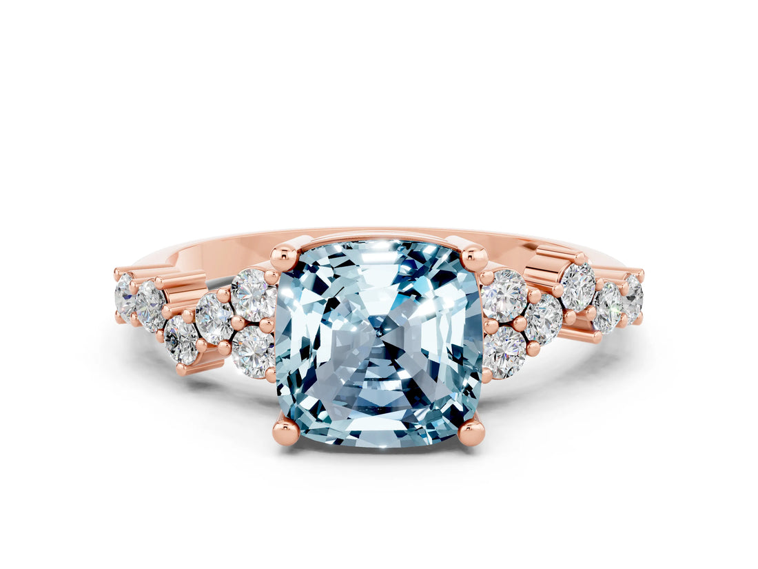 Rose gold Cushion Cut Aquamarine Scattered Round Accent Ring with Prong Setting_24