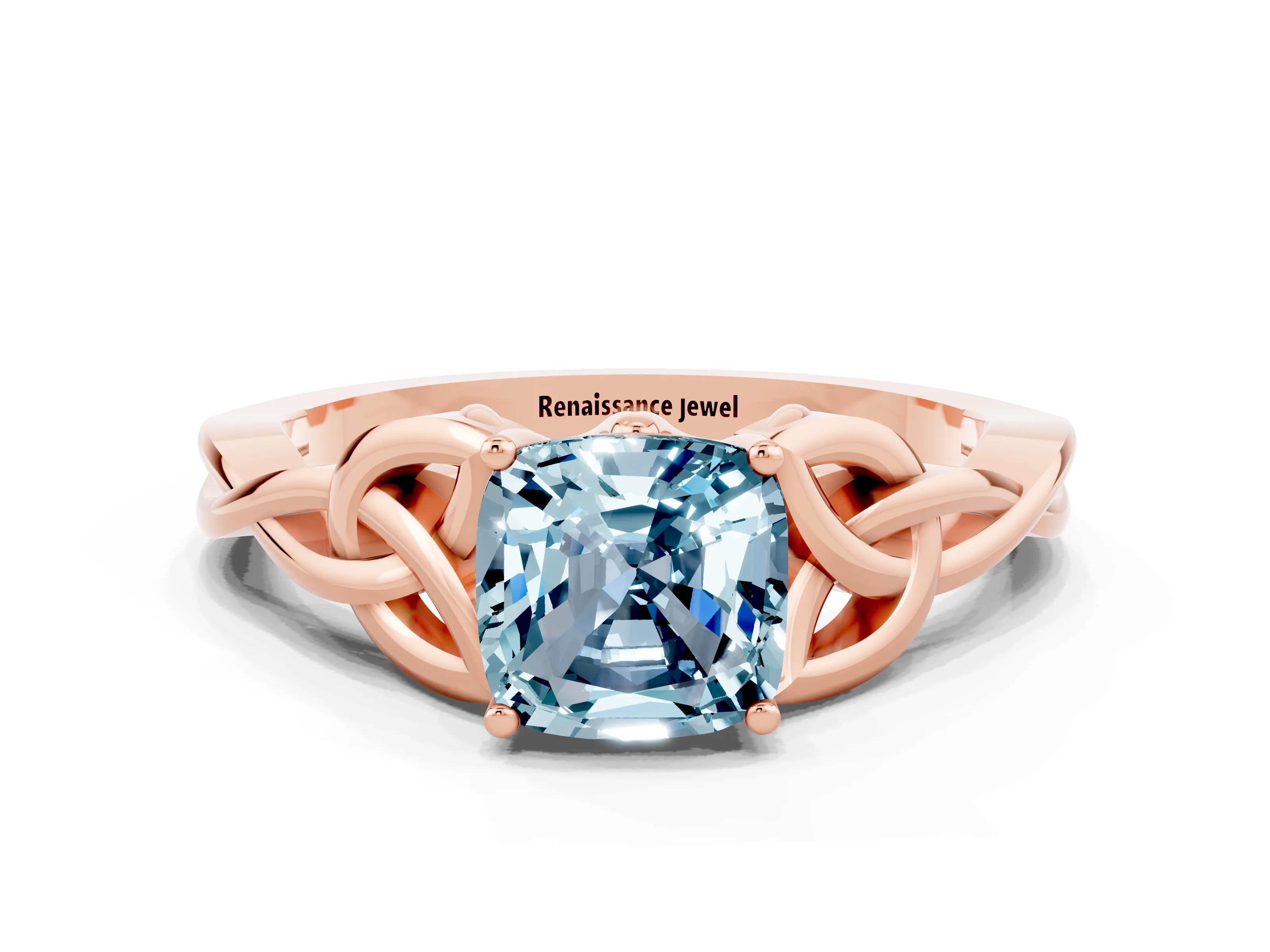 Rose gold Cushion Cut Aquamarine Solitaire Celtic Knot Ring with Four-Prong Setting_12