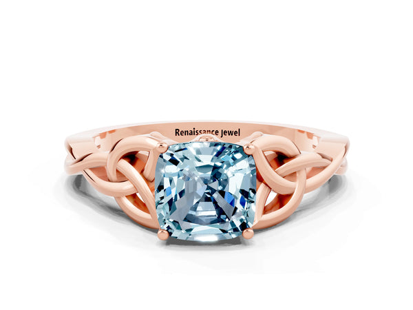 Rose gold Cushion Cut Aquamarine Solitaire Celtic Knot Ring with Four-Prong Setting