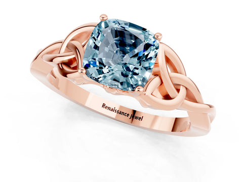 Rose gold Cushion Cut Aquamarine Solitaire Celtic Knot Ring with Four-Prong Setting_13