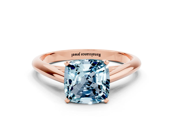 Rose gold Cushion Cut Aquamarine Solitaire Engagement Ring with Cathedral Setting and Four-Prong Mount