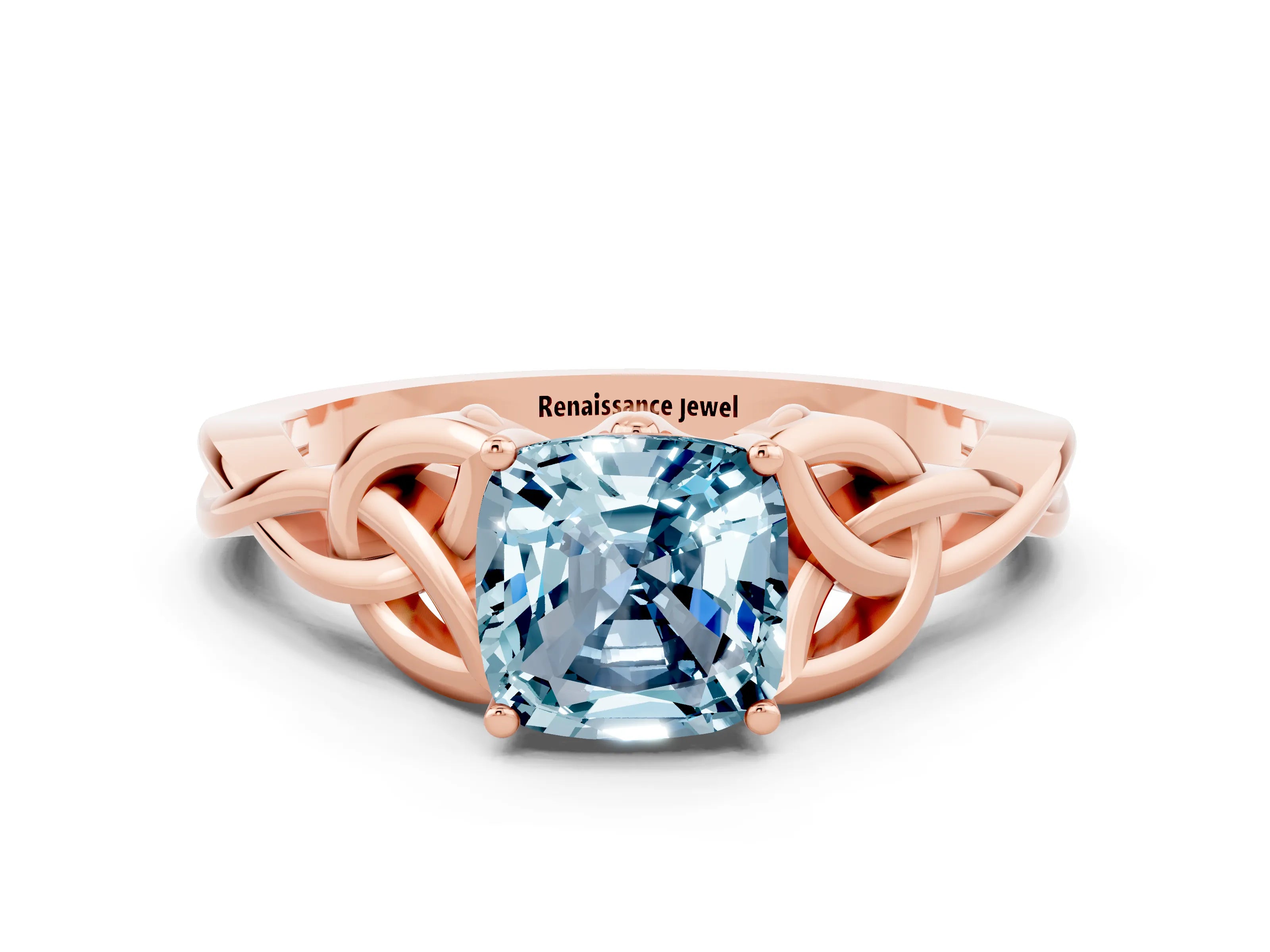Rose gold Cushion Cut Aquamarine Solitaire Engagement Ring with Celtic Knot Band and Four-Prong Setting