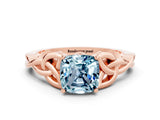 Rose gold Cushion Cut Aquamarine Solitaire Engagement Ring with Celtic Knot Band and Four-Prong Setting