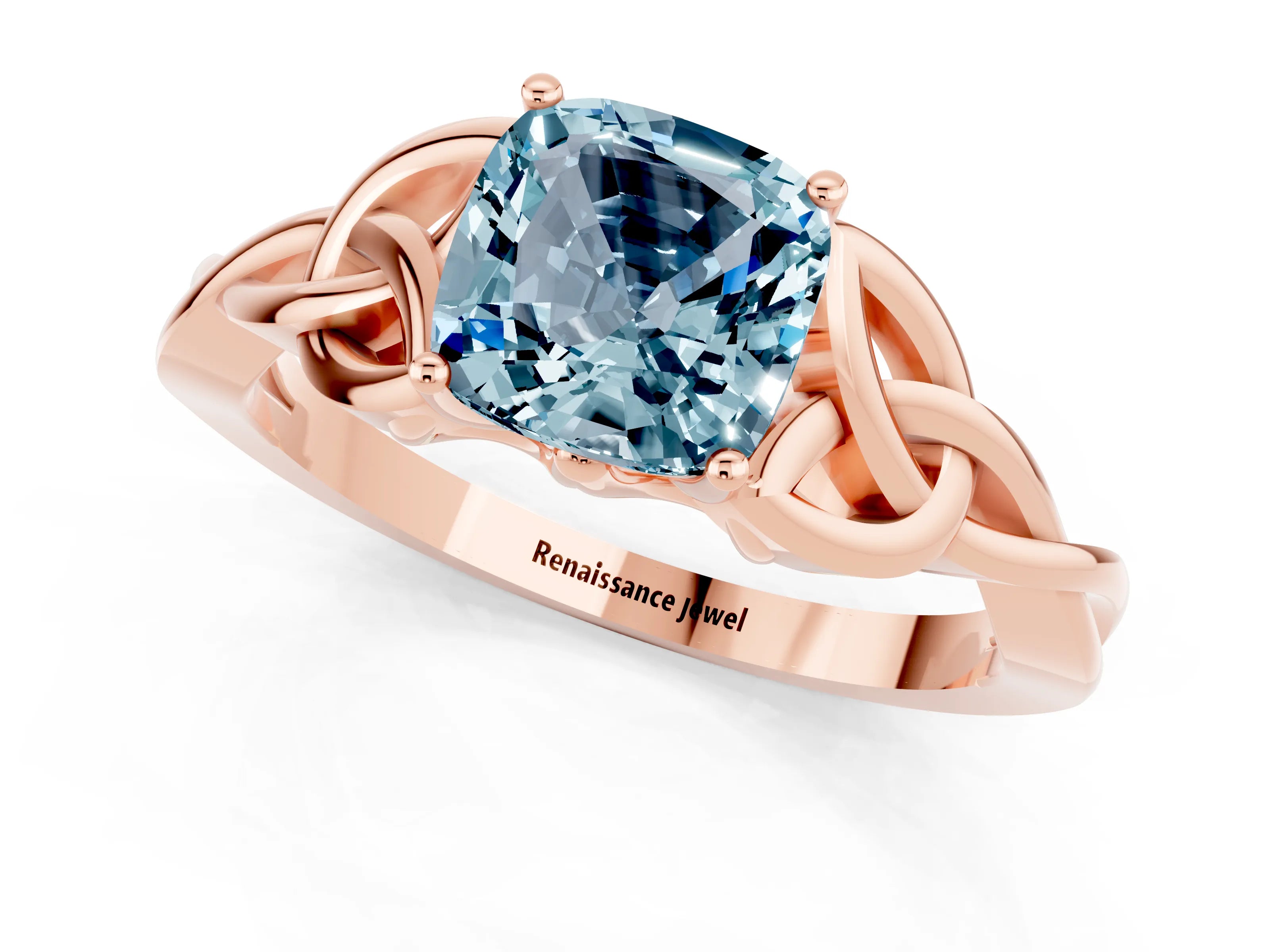 Rose gold Cushion Cut Aquamarine Solitaire Engagement Ring with Celtic Knot Band and Four-Prong Setting_1