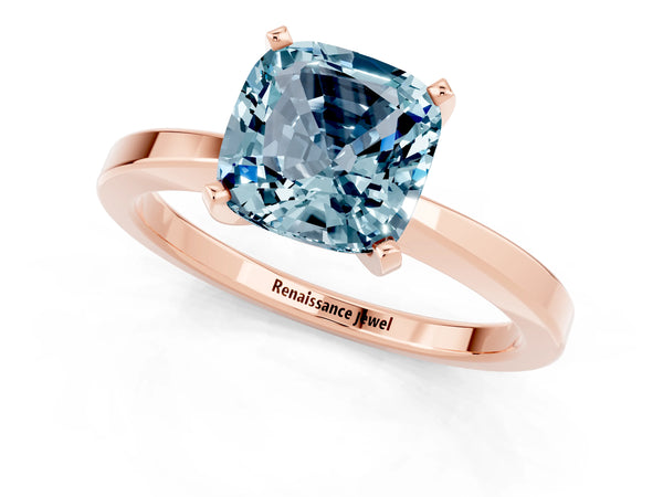 Rose gold Cushion Cut Aquamarine Solitaire Engagement Ring with Classic Band and Four-Prong Setting