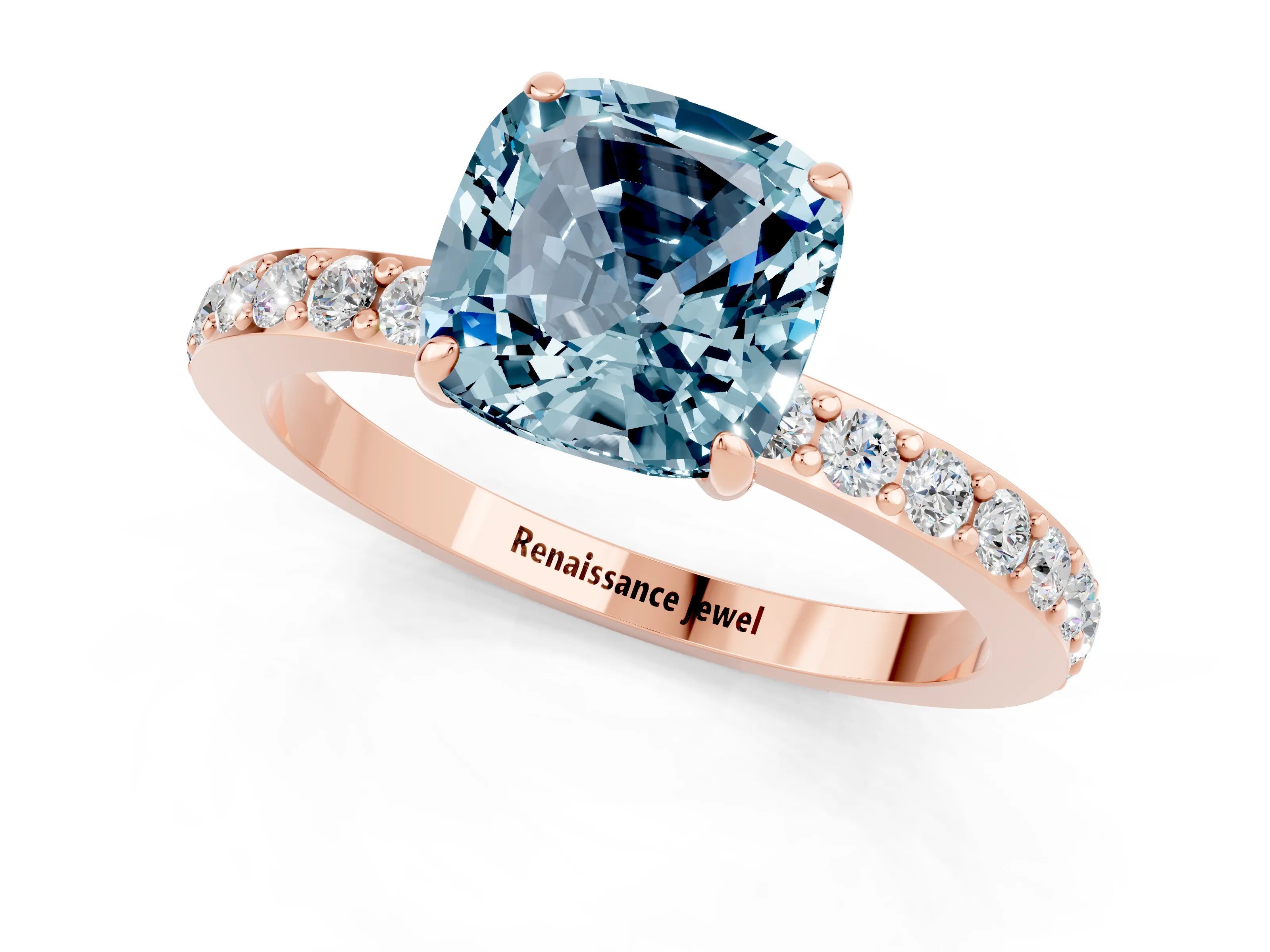 Rose gold Cushion Cut Aquamarine Solitaire Engagement Ring with Pavé Band and Four-Prong Setting_1