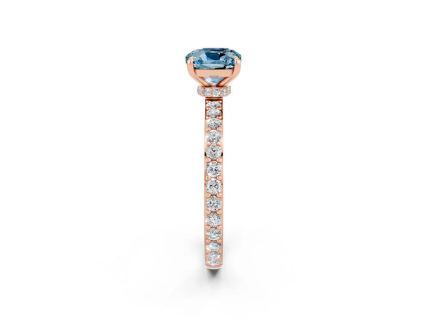 Rose gold Cushion Cut Aquamarine Solitaire Engagement Ring with Pavé Band and Four-Prong Setting
