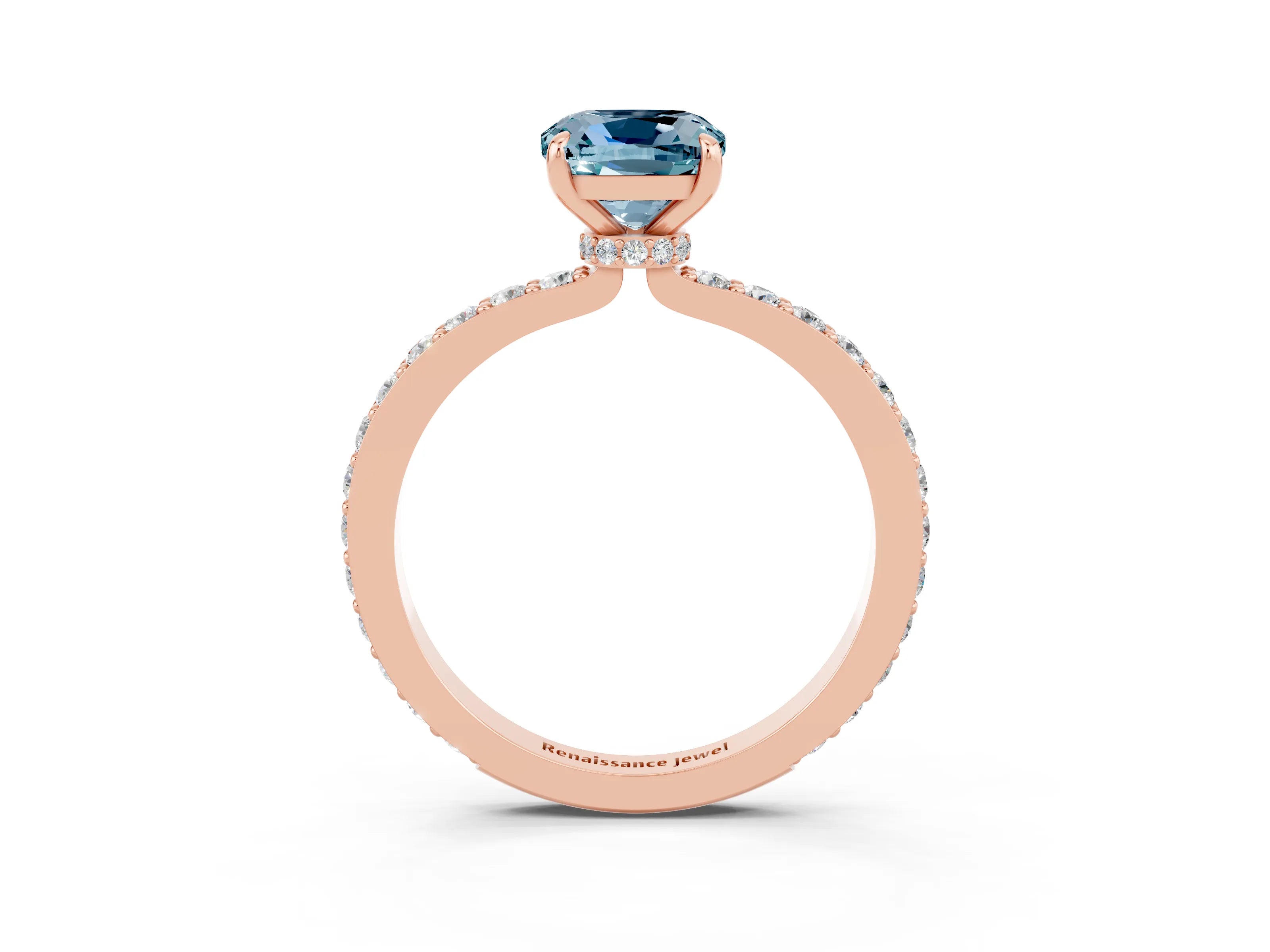 Rose gold Cushion Cut Aquamarine Solitaire Engagement Ring with Pavé Band and Four-Prong Setting_3