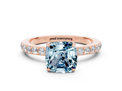 Rose gold Cushion Cut Aquamarine Solitaire Engagement Ring with Pavé Band and Four-Prong Setting