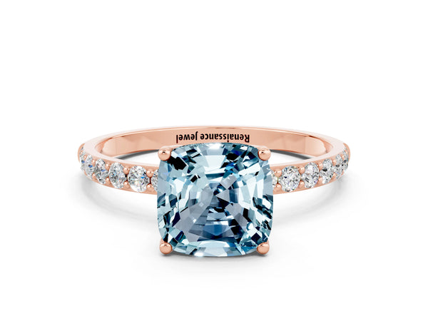 Rose gold Cushion Cut Aquamarine Solitaire Engagement Ring with Round  Pavé Band and Prong Setting