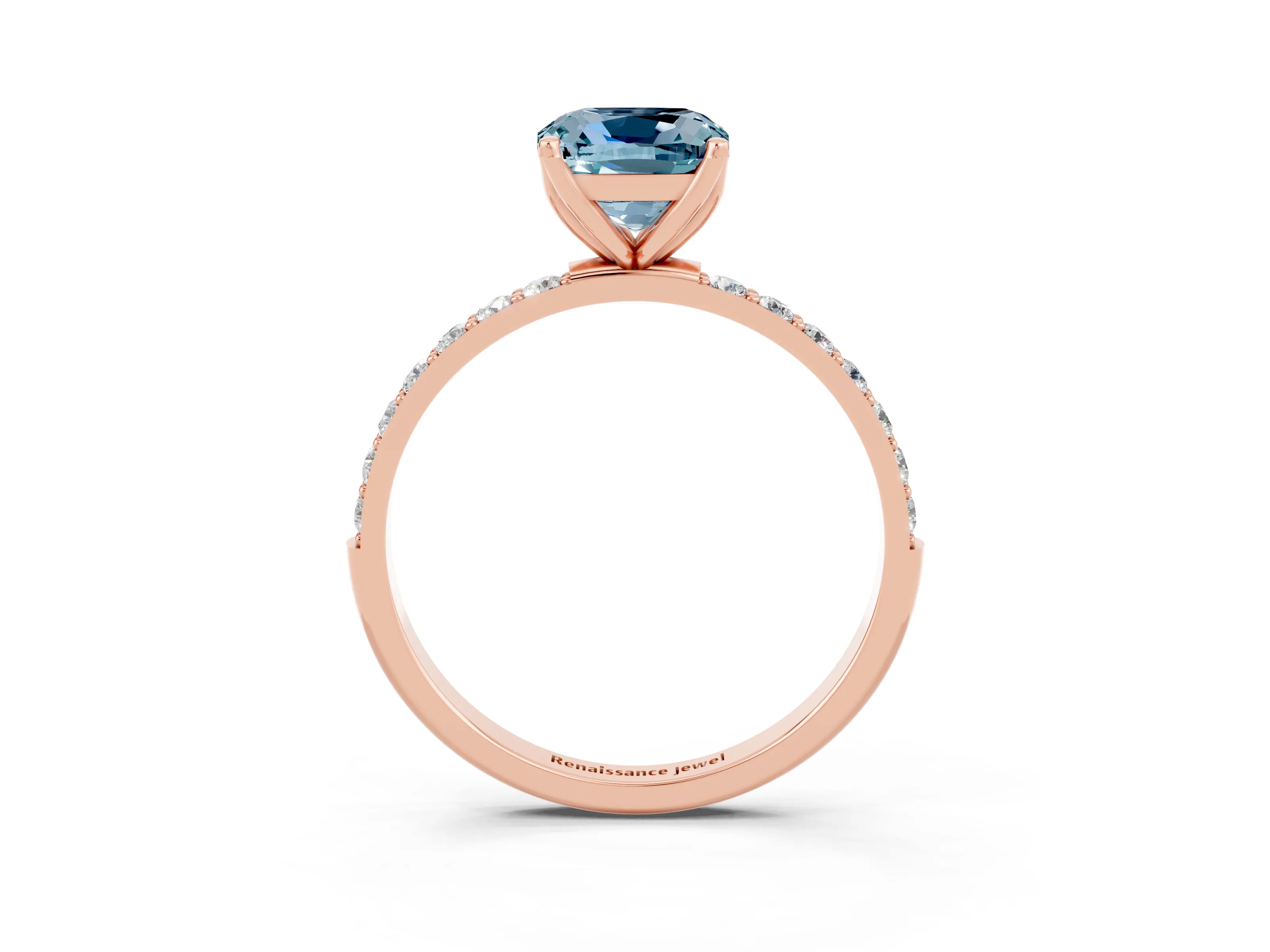 Rose gold Cushion Cut Aquamarine Solitaire Engagement Ring with Pavé Band and Prong Setting_3