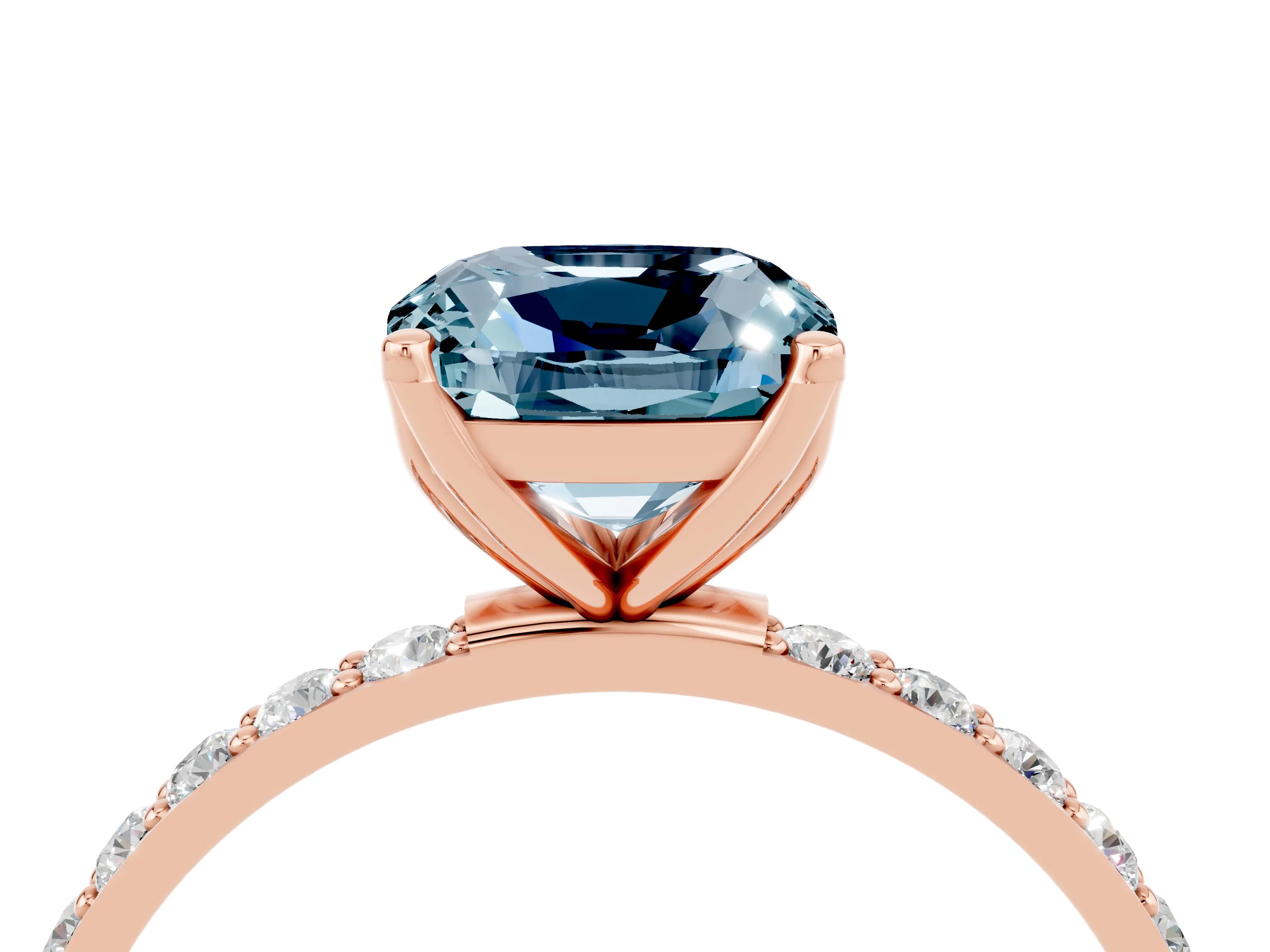 Rose gold Cushion Cut Aquamarine Solitaire Engagement Ring with Pavé Band and Prong Setting_4