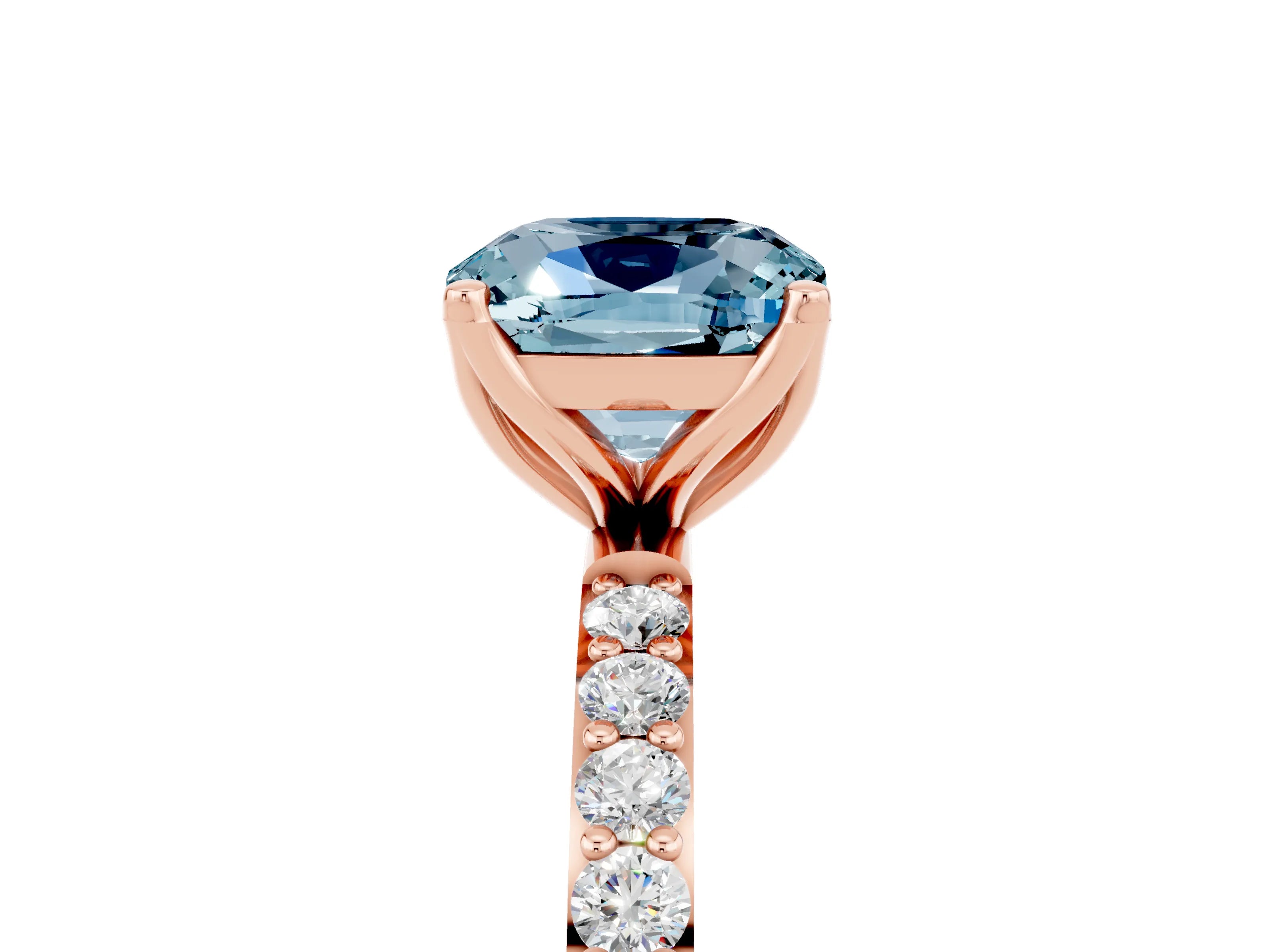 Rose gold Cushion Cut Aquamarine Solitaire Engagement Ring with Pavé Band and Prong Setting_5