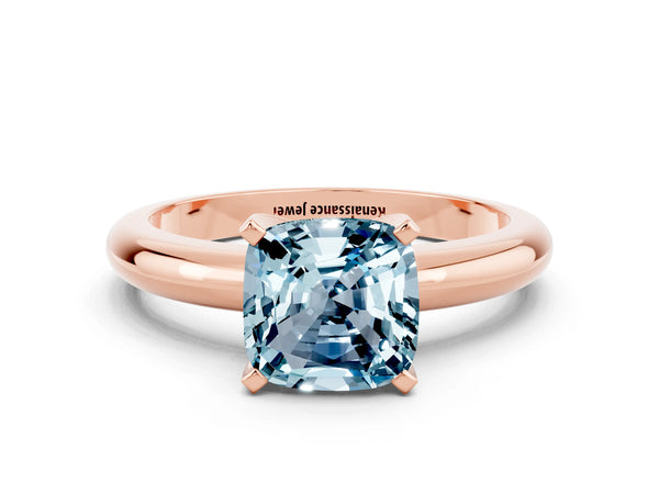 Rose gold Cushion Cut Aquamarine Solitaire Engagement Ring with Round Band and Four-Prong Setting