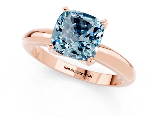 Rose gold Cushion Cut Aquamarine Solitaire Engagement Ring with Round Band and Four-Prong Setting