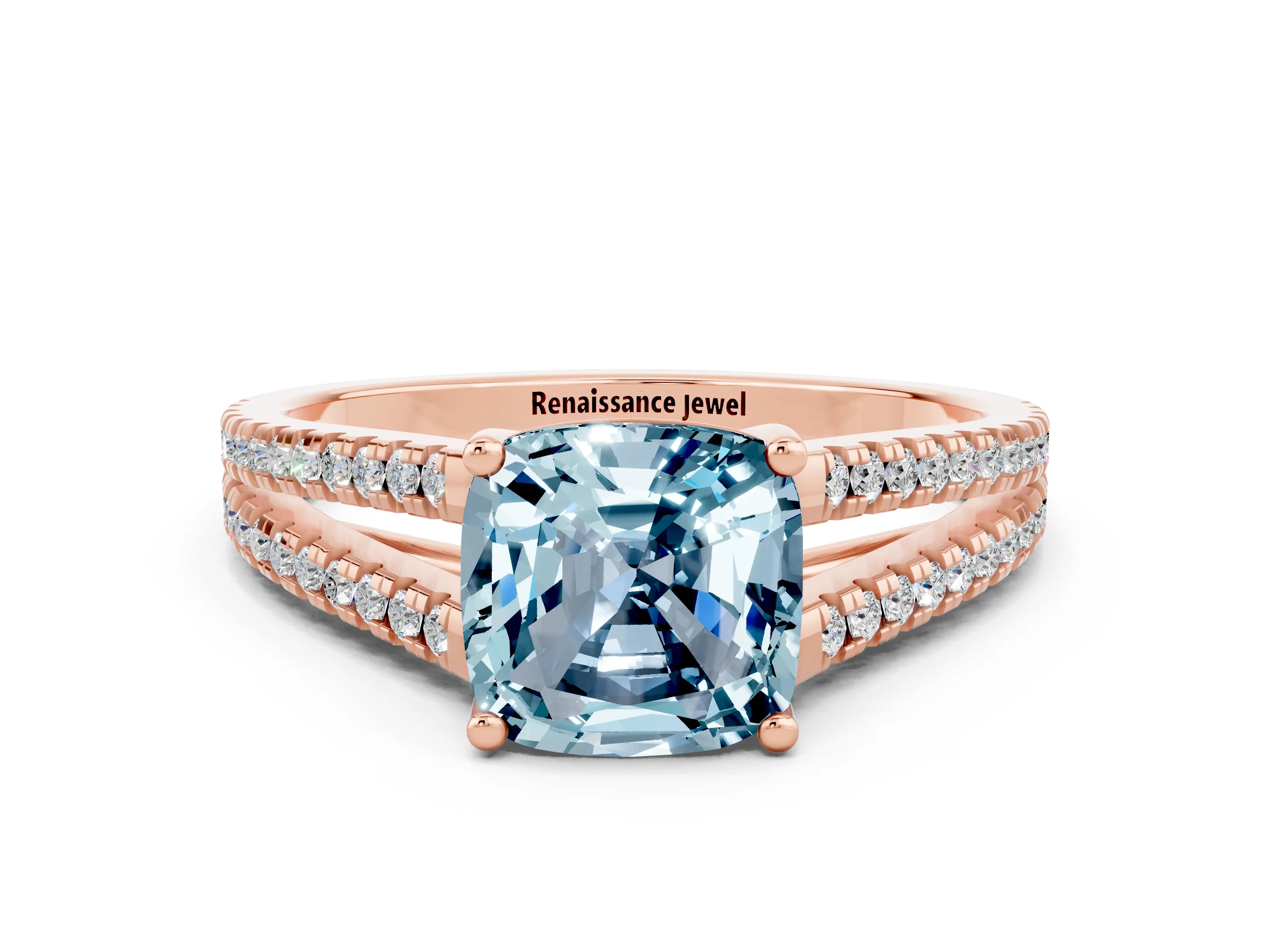 Rose gold Cushion Cut Aquamarine Solitaire Engagement Ring with Split Shank Pavé Band