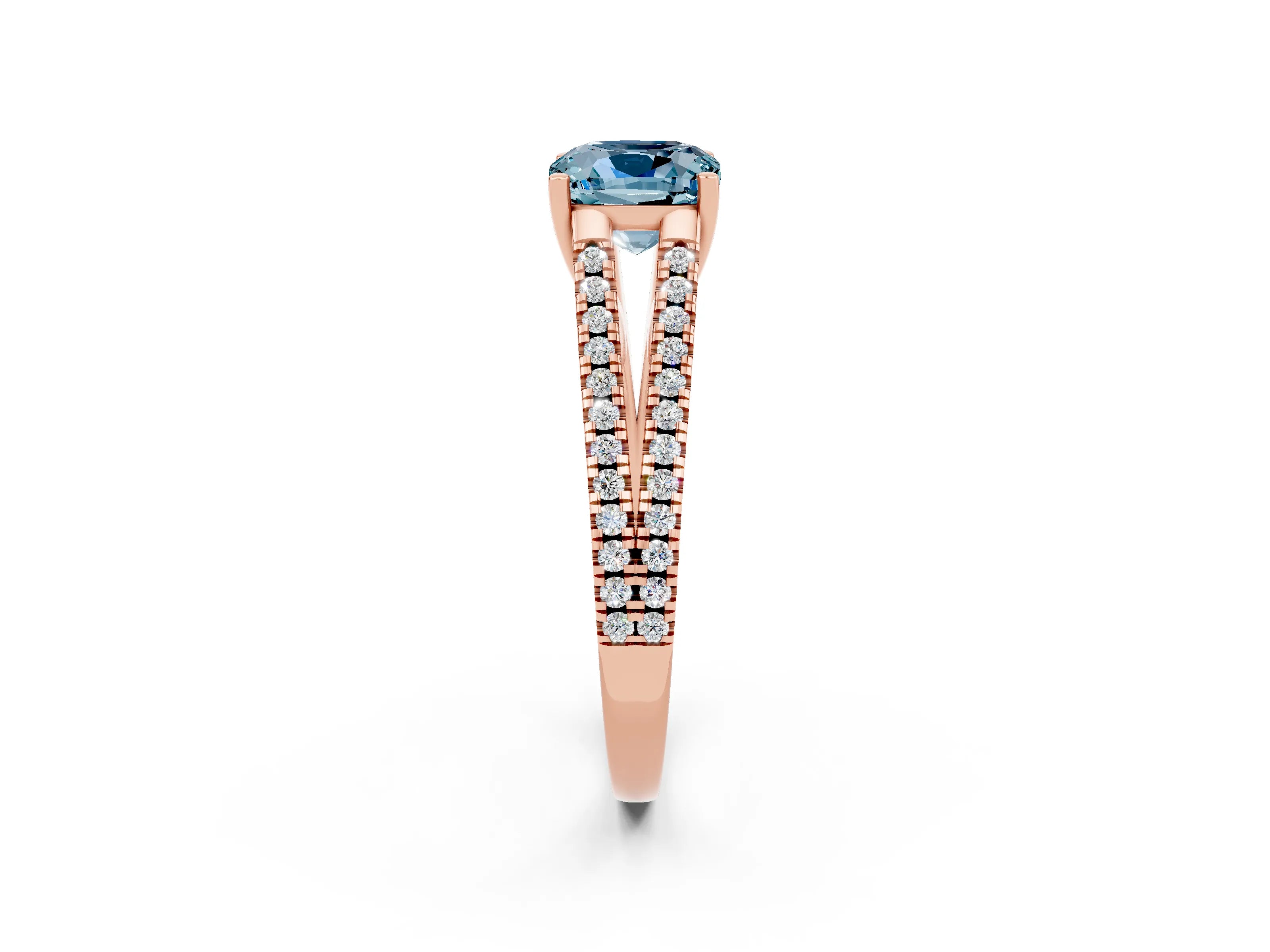 Rose gold Cushion Cut Aquamarine Solitaire Engagement Ring with Split Shank Pavé Band_2