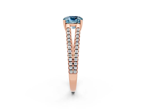 Rose gold Cushion Cut Aquamarine Solitaire Engagement Ring with Split Shank Pavé Band