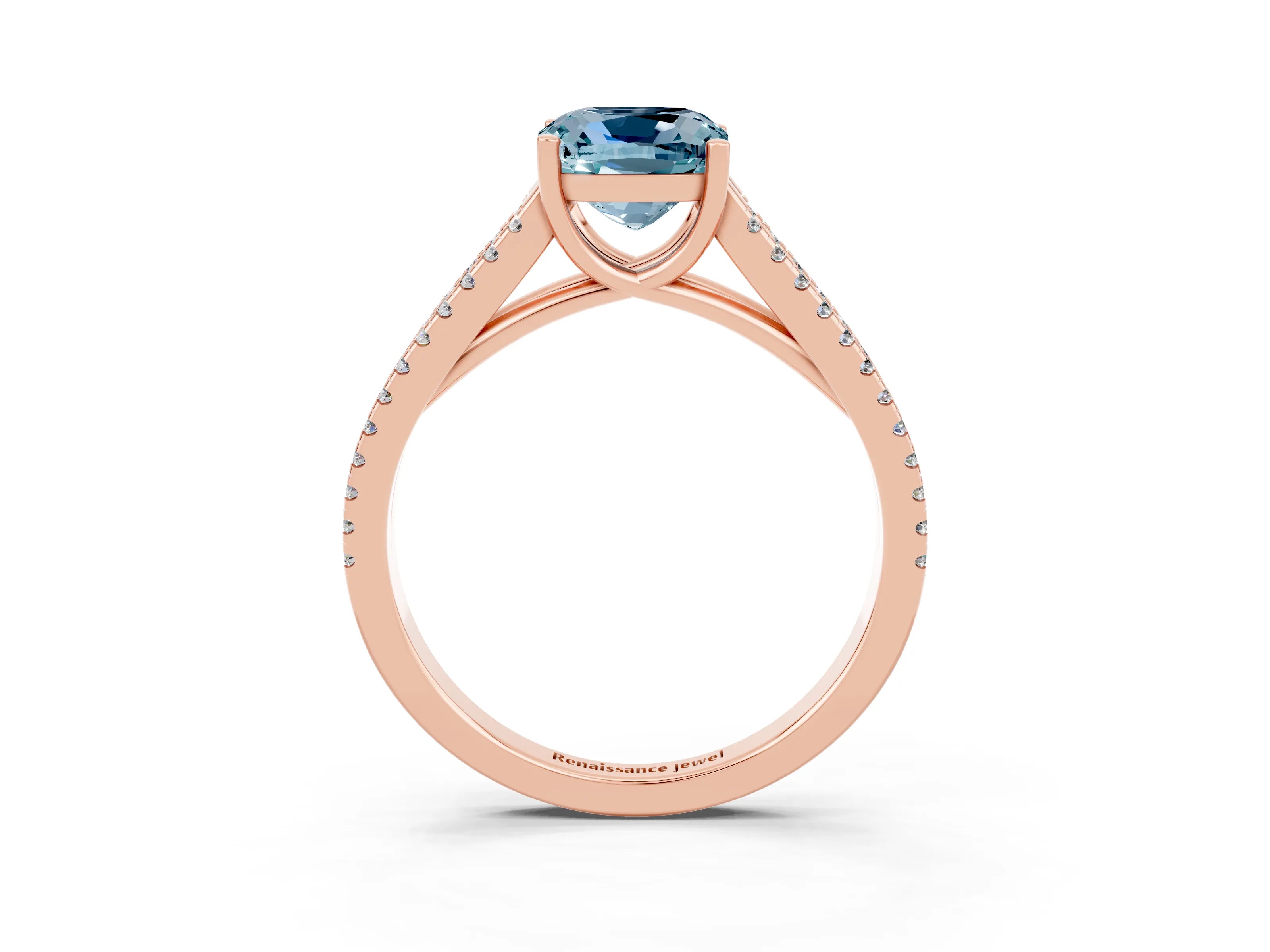 Rose gold Cushion Cut Aquamarine Solitaire Engagement Ring with Split Shank Pavé Band_3