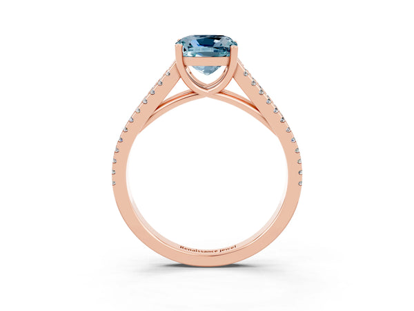 Rose gold Cushion Cut Aquamarine Solitaire Engagement Ring with Split Shank Pavé Band