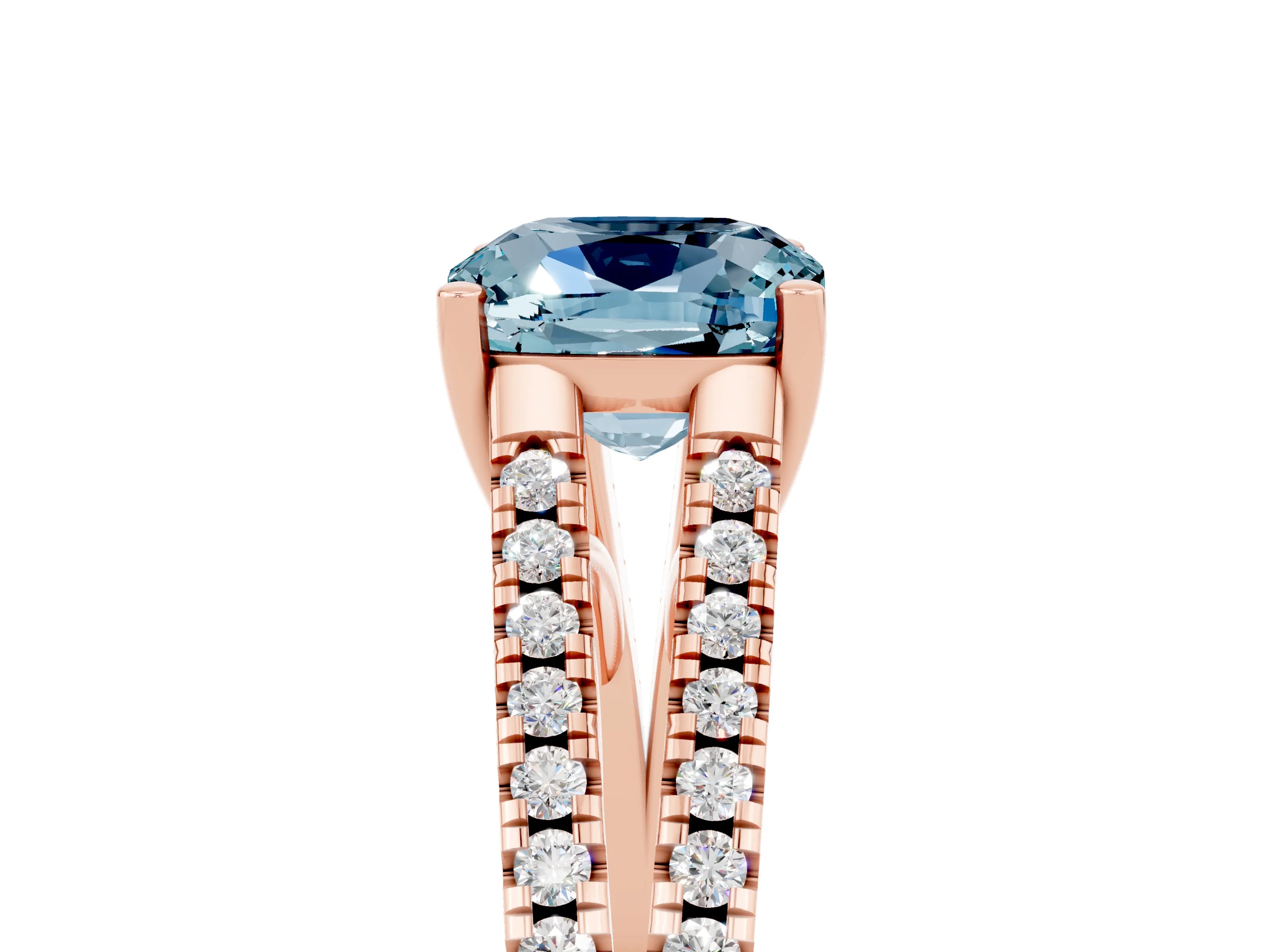 Rose gold Cushion Cut Aquamarine Solitaire Engagement Ring with Split Shank Pavé Band_5