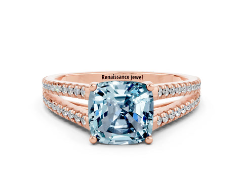 Rose gold Cushion Cut Aquamarine Solitaire Engagement Ring with Split Shank Pavé Band