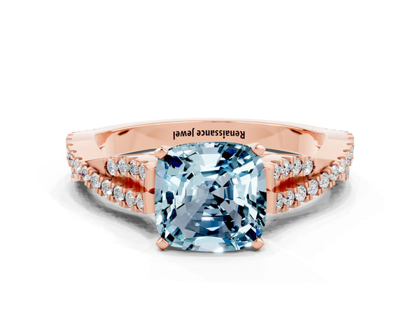 Rose gold Cushion Cut Aquamarine Solitaire Engagement Ring with Twisted Pavé Band and Four-Prong Setting