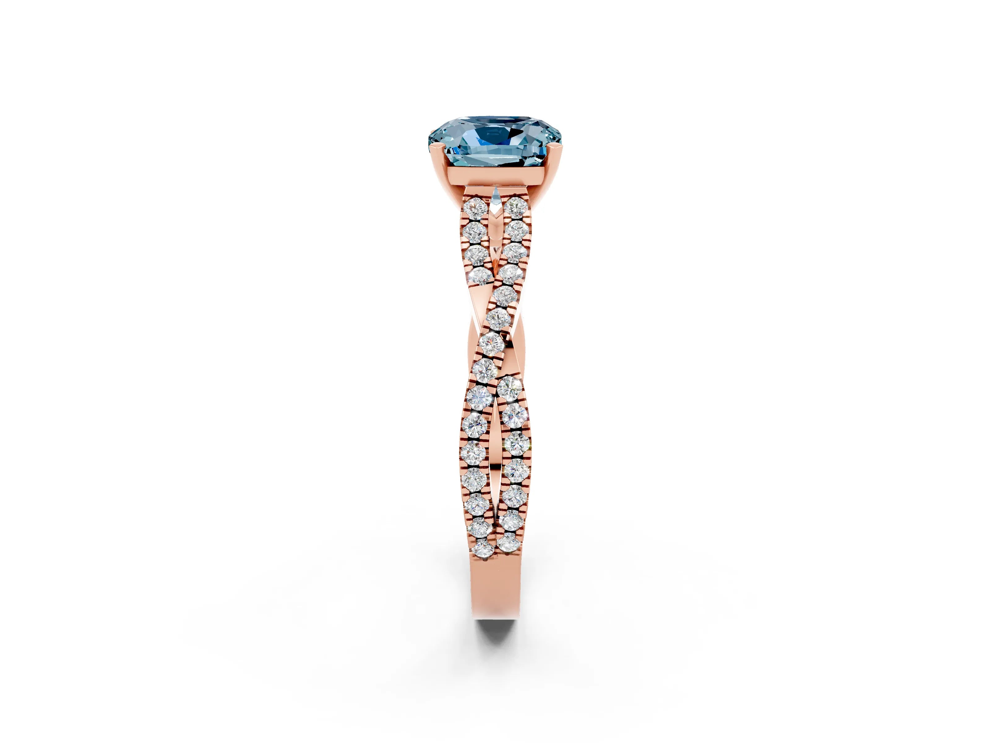Rose gold Cushion Cut Aquamarine Solitaire Engagement Ring with Twisted Pavé Band and Four-Prong Setting_14