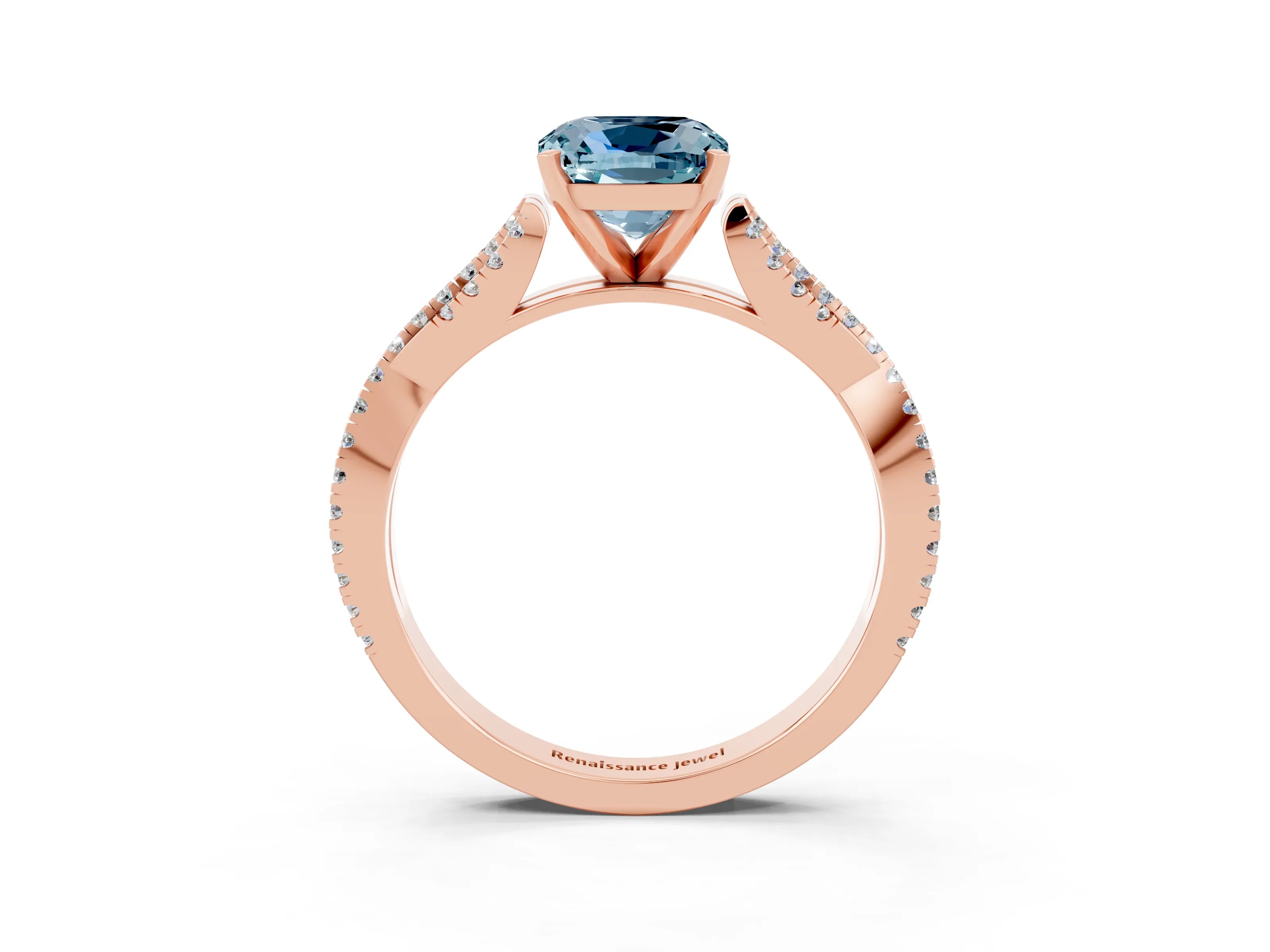 Rose gold Cushion Cut Aquamarine Solitaire Engagement Ring with Twisted Pavé Band and Four-Prong Setting_15