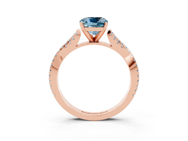 Rose gold Cushion Cut Aquamarine Solitaire Engagement Ring with Twisted Pavé Band and Four-Prong Setting