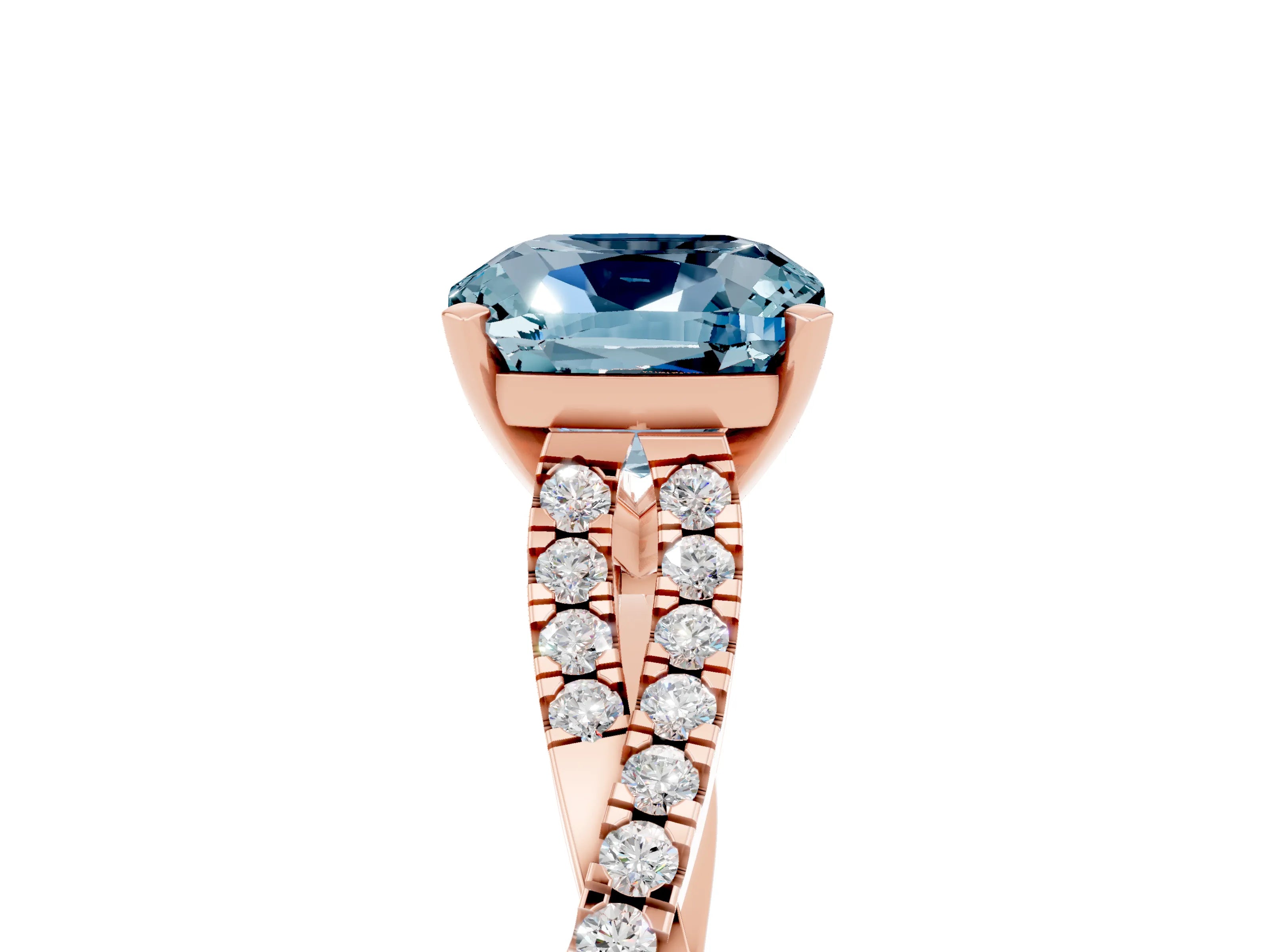 Rose gold Cushion Cut Aquamarine Solitaire Engagement Ring with Twisted Pavé Band and Four-Prong Setting_17